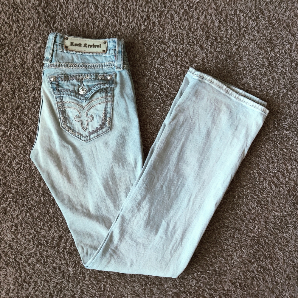 Rock Revival Blue Boot Cut Jeans with Signature Stitching